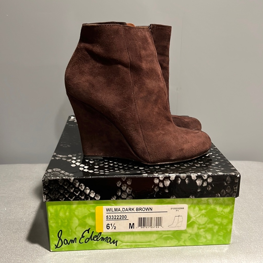 Sam Edelman Wilma Dark‎ Brown Suede Leather Wedge Bootie. Size 6.5